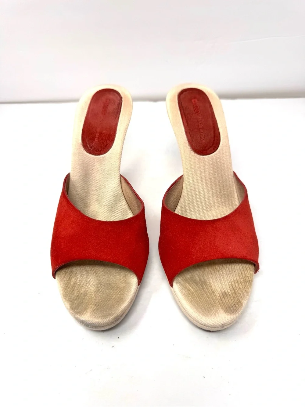 DKNY red suede peep toe wedges, made in Italy, size 9